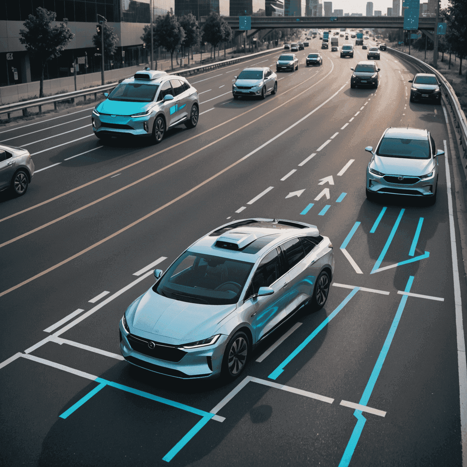 Een futuristische zelfrijdende auto op een snelweg, omringd door holografische displays die verschillende verkeersgegevens tonen