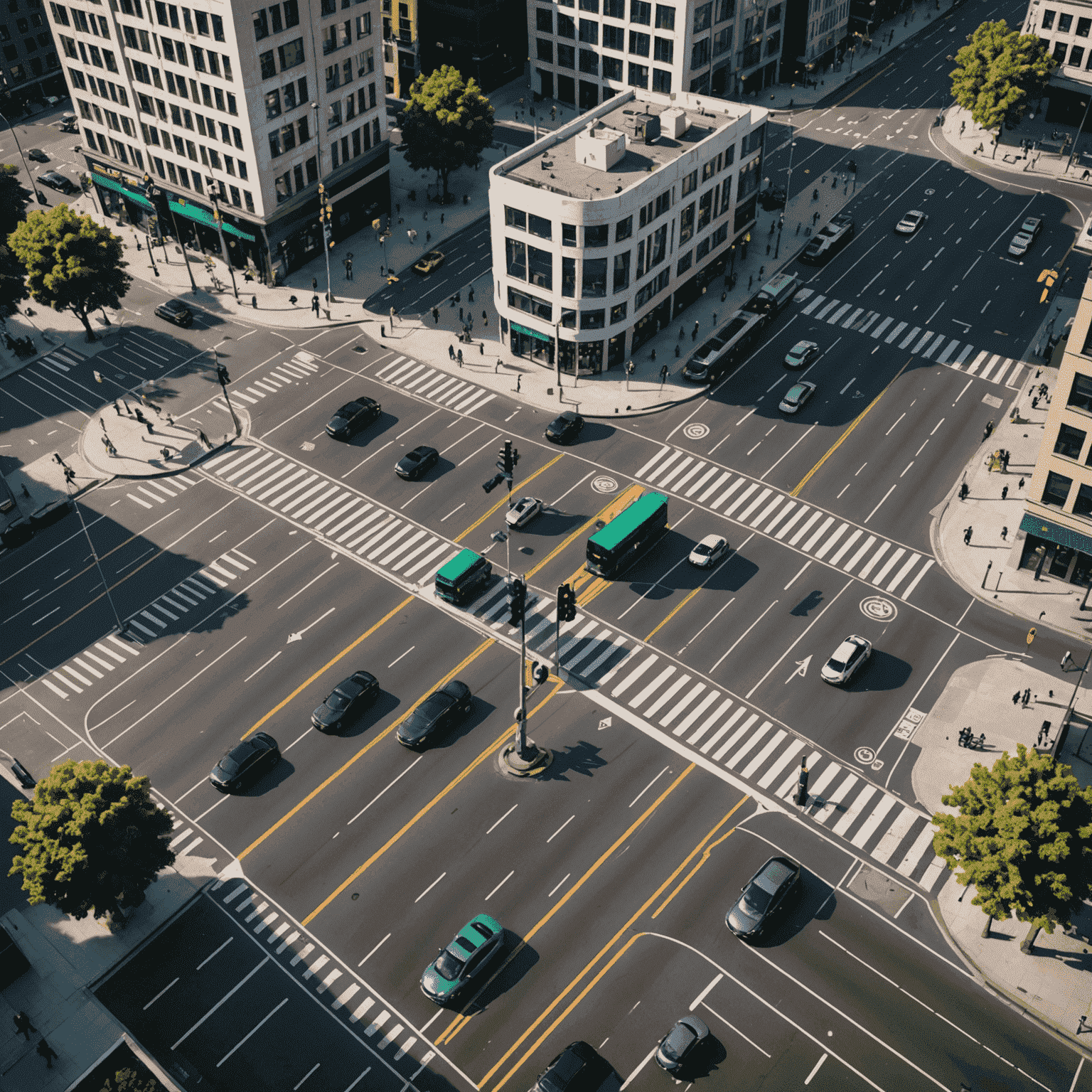 Een luchtfoto van een druk stedelijk kruispunt met geïntegreerde slimme verkeersbeheersystemen, waaronder intelligente verkeerslichten en sensoren voor voetgangers en fietsers