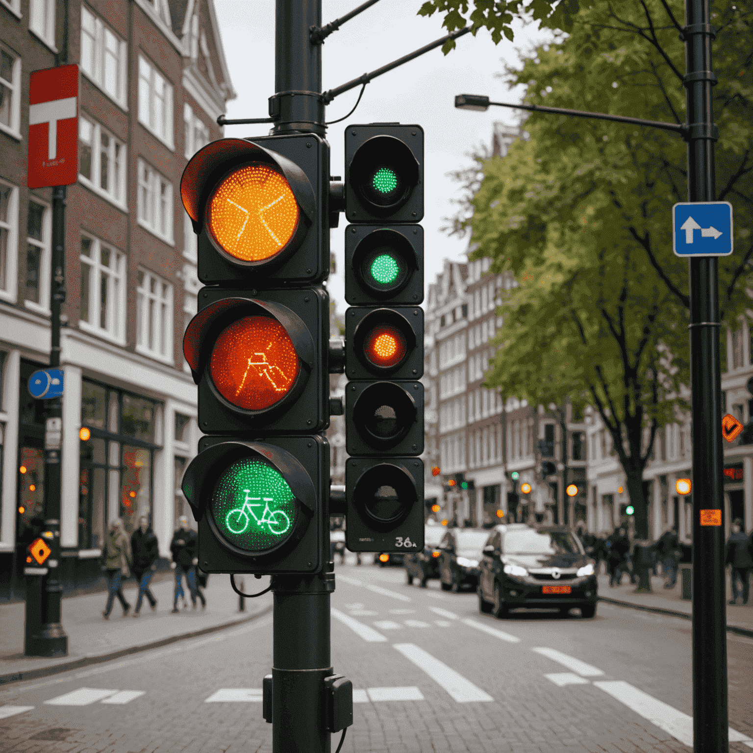 Close-up van een slim verkeerslicht met geïntegreerde sensoren voor voetgangers en fietsers, geïnstalleerd op een druk kruispunt in een Nederlandse stad