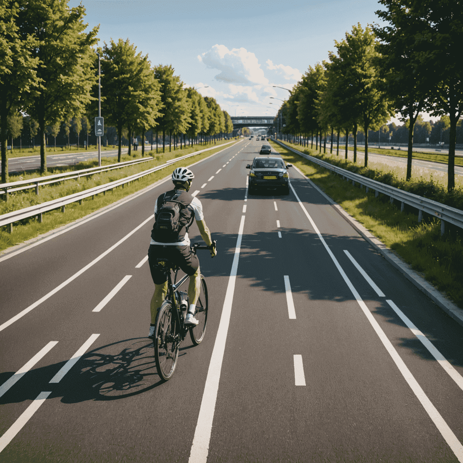 Een moderne Nederlandse fietssnelweg met brede fietspaden, duidelijke markeringen en goede verlichting