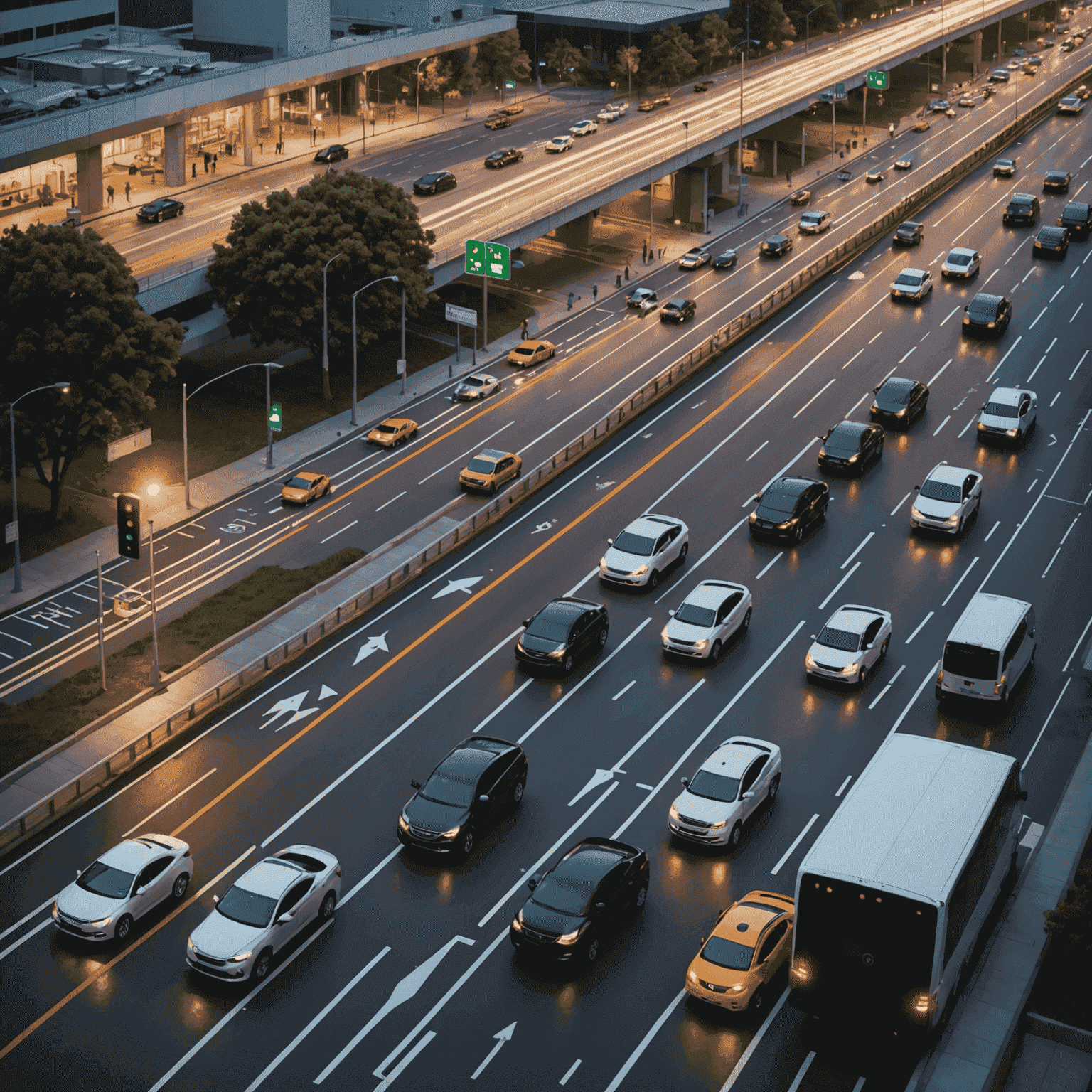 Illustratie van voertuigen en infrastructuur die draadloos met elkaar communiceren, met zichtbare datastromen tussen auto's, verkeerslichten en wegborden