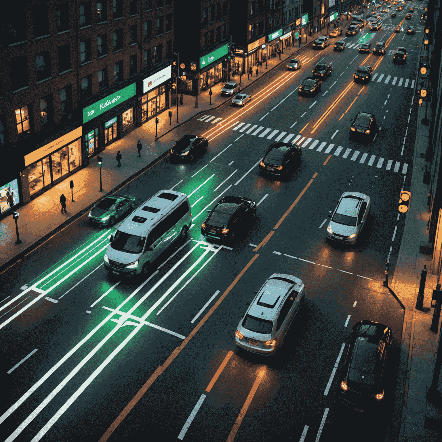 Illustratie van voertuigen die draadloos communiceren met elkaar en met verkeerslichten, waarbij gegevenspakketjes zichtbaar zijn als lichtstralen