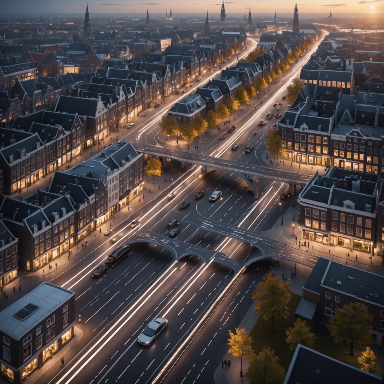 Futuristische visualisatie van een Nederlands stadscentrum met volledig geïntegreerde slimme verkeersbeheersystemen, inclusief zelfrijdende voertuigen en interactieve straatverlichting