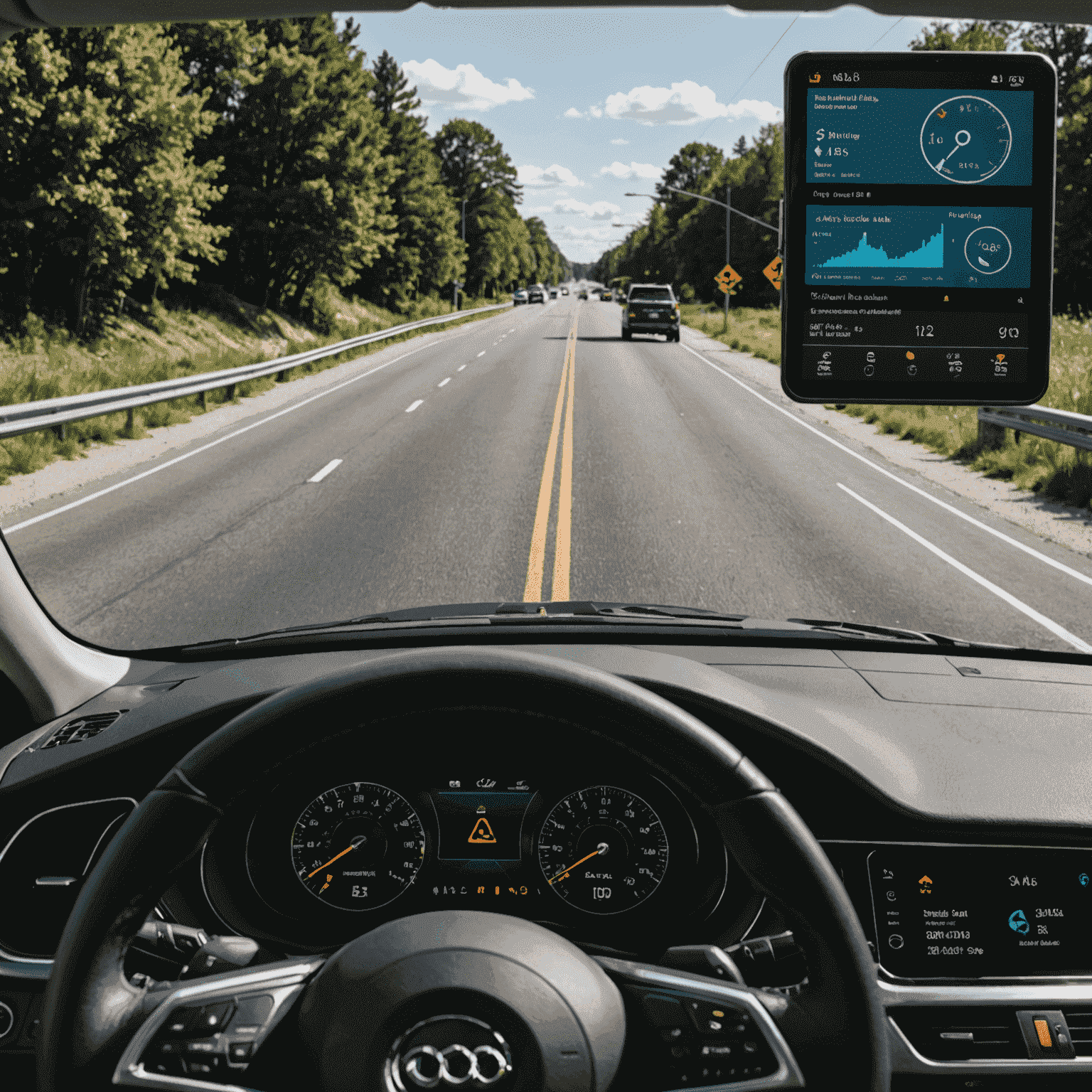 Een dashboard met geavanceerde AI-displays die potentiële gevaren op de weg markeren en voorspellen